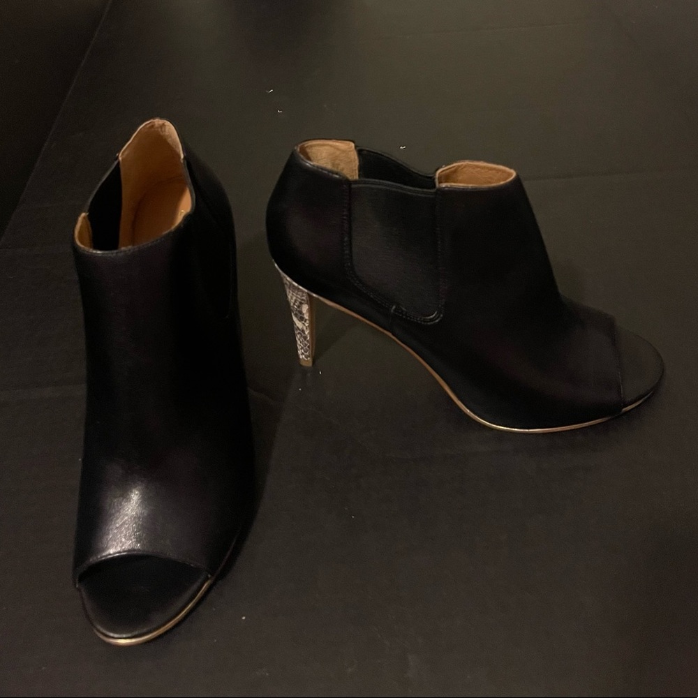 Coach Adrianna peep-toe bootie. 7.5 inch snakeskin heel.